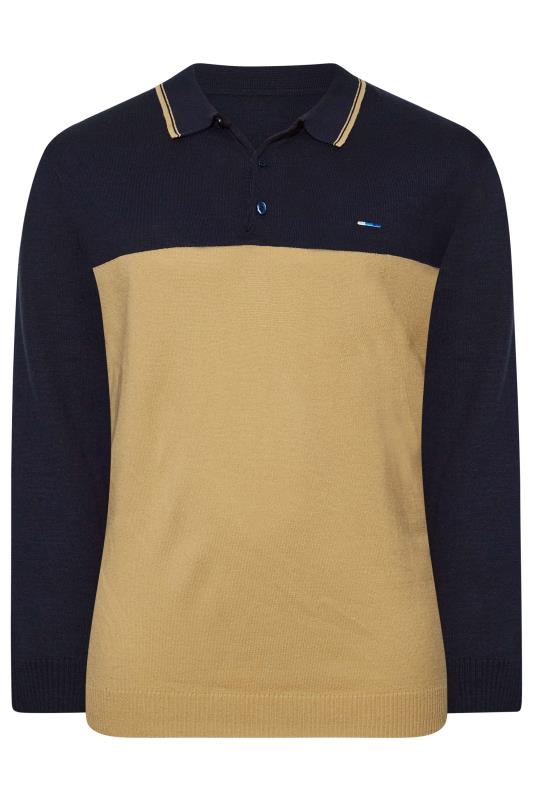 Plus Size  BadRhino Big & Tall Navy Blue Colour Block Long Sleeve Knitted Polo Shirt