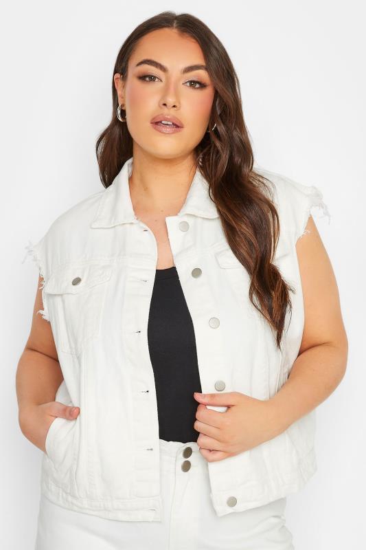 Plus Size White Sleeveless Denim Jacket | Yours Clothing 1