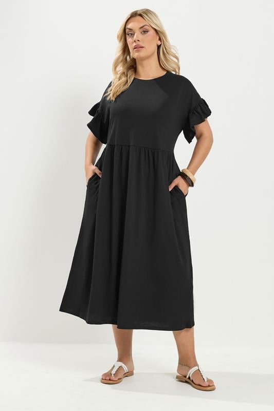  YOURS Curve Black Cotton Frill Sleeve Maxi Dress