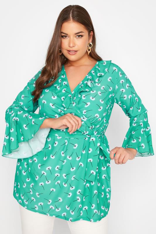 YOURS LONDON Plus Size Green Floral Ruffle Wrap Top | Yours Clothing 4