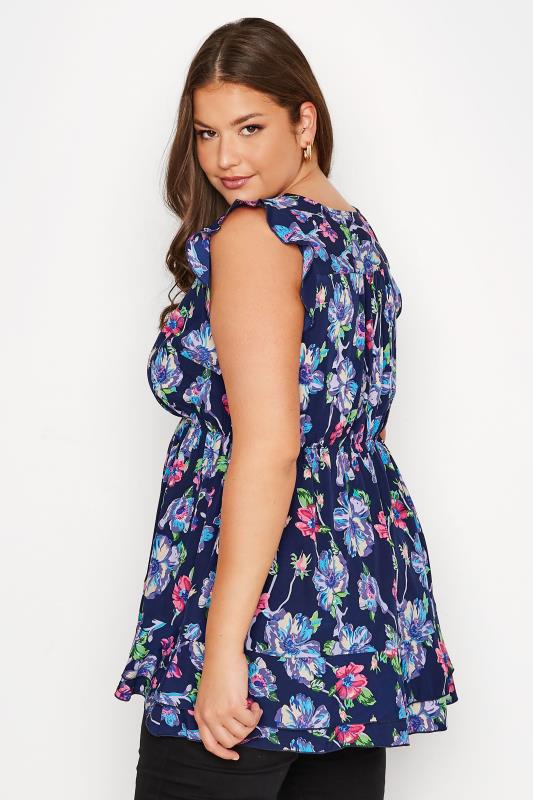 Curve Navy Blue Floral Print Frill Sleeve Smock Top 3
