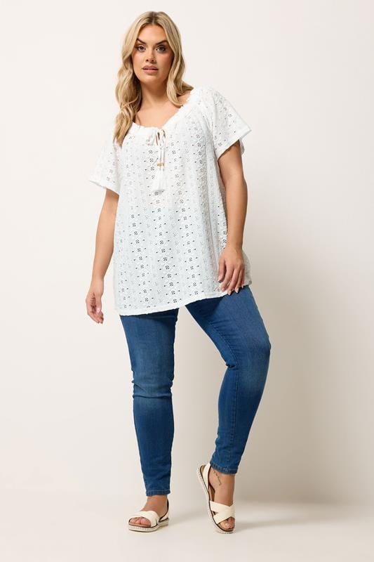 YOURS Plus Size White Tie Neck Broderie Anglaise Top | Yours Clothing 1