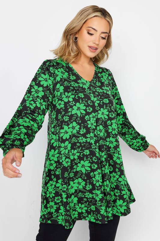 Plus Size  YOURS Curve Green Floral Print Long Sleeve Swing Top