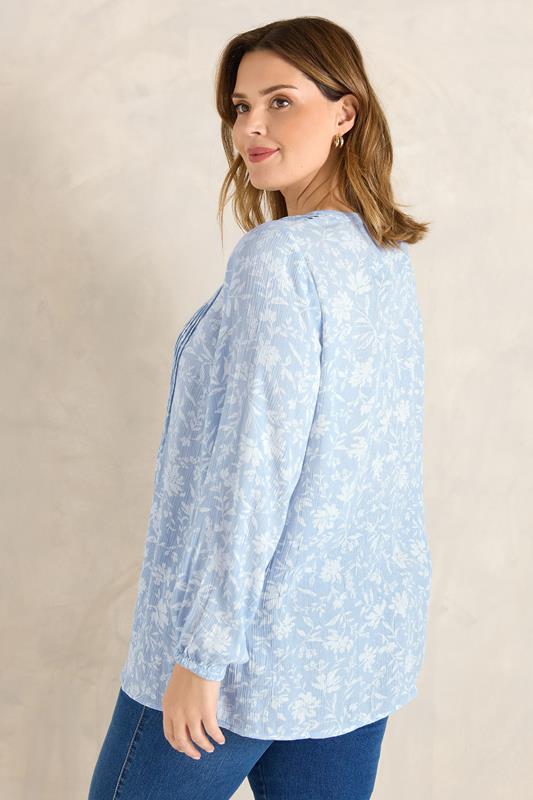 EVANS Plus Size Blue Floral Tie Neck Pintuck Blouse | Evans 4