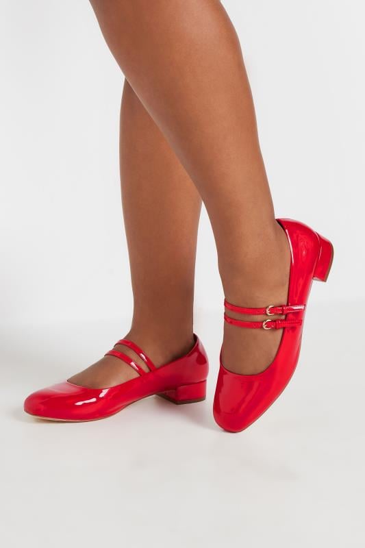 Red Patent Low Block Mary Jane Shoes In Extra Wide EEE Fit Yours Clothing