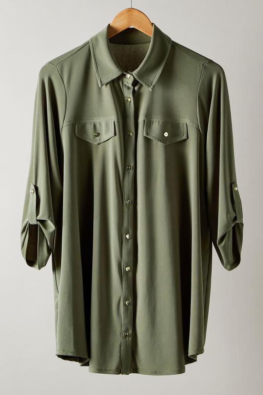 Evans Plus Size Khaki Green Tab Sleeve Blouse | Evans 5