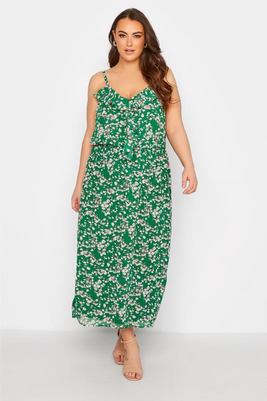 YOURS LONDON Plus Size Green Floral Print Ruffle Maxi Dress | Yours Clothing  2