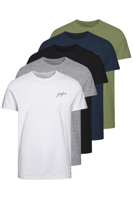 JACK & JONES 5 PACK Grey & Khaki Green Connor T-Shirts | BadRhino 2