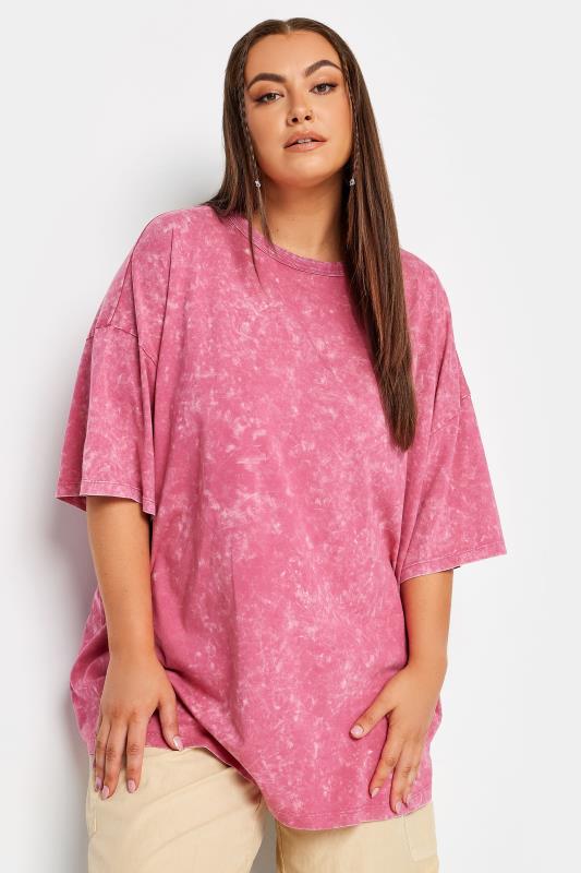 Plus Size  YOURS Curve Pink Acid Wash Oversized Boxy T-Shirt