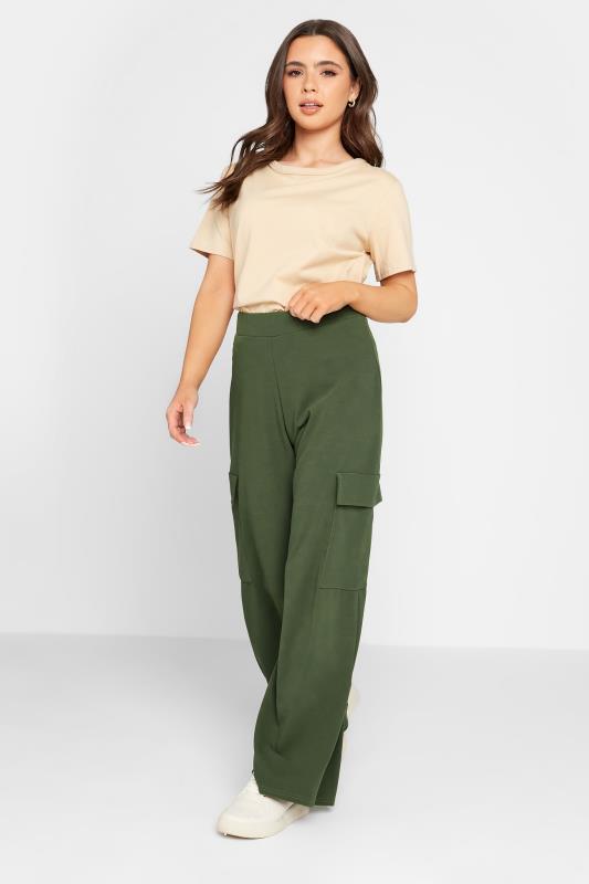 Petite Khaki Green Wide Leg Cargo Trousers | PixieGirl 2