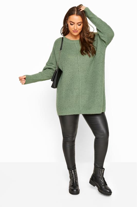 Plus Size Curve Sage Green Oversized Knitted Jumper | Yours Clothing 2