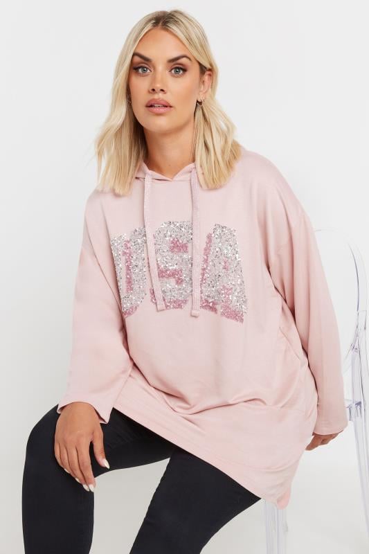  Grande Taille YOURS Curve Pink 'USA' Sequin Slogan Longline Hoodie