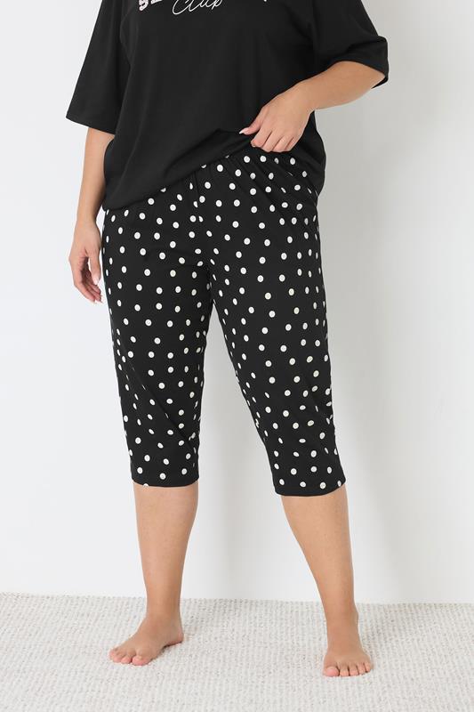 YOURS Plus Size Black Polka Dot Wide Leg Pyjama Cropped Bottoms | Yours Clothing 1