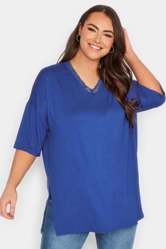 YOURS Plus Size Cobalt Blue Lace Neck T-Shirt | Yours Clothing 1