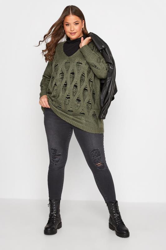 Plus Size Khaki Green Distressed V-Neck Knitted Jumper | Yours Clothing 2