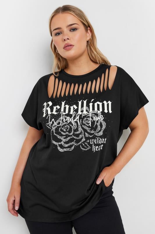 YOURS Plus Size Black Cut Out 'Rebellion' Slogan T-Shirt | Yours Clothing  2