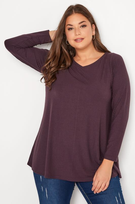 Plus Size Dark Purple Long Sleeve Ribbed Top | Yours Clothing 1