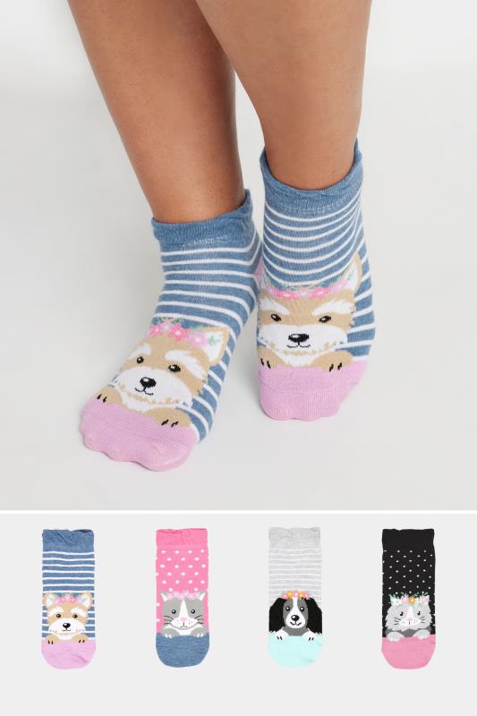 4 PACK Blue & Pink Dog Print Trainer Socks | Yours Clothing 1