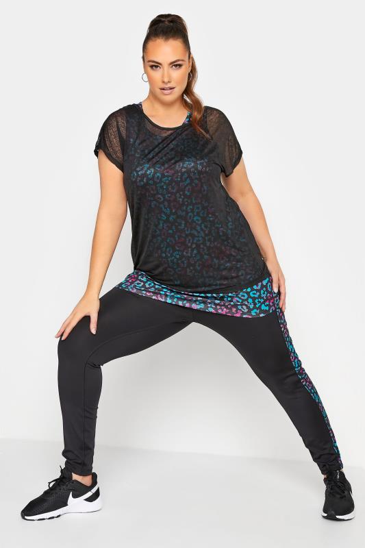 ACTIVE Plus Size Black Mesh Leopard Print 2 In 1 T-Shirt | Yours Clothing 2