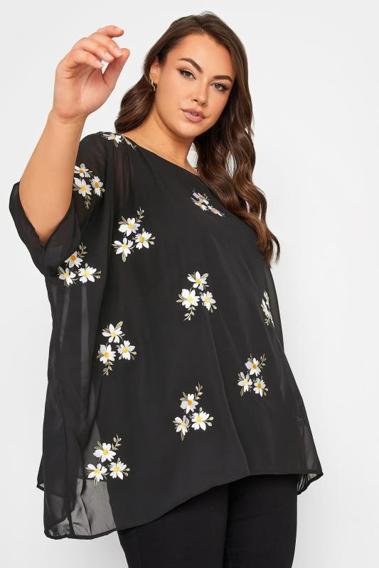 Plus Size  YOURS LONDON Curve Black Daisy Embroidered Cape Top