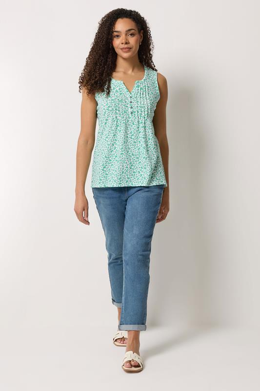 M&Co White & Green Leaf Print Cotton Sleeveless Henley Top  1