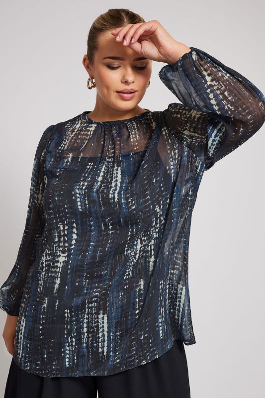 YOURS LONDON Plus Size Navy Blue Snake Print Mesh Blouse | Yours Clothing  1