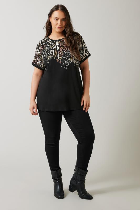 EVANS Plus Size Black Mixed Animal Print T-Shirt | Evans 3