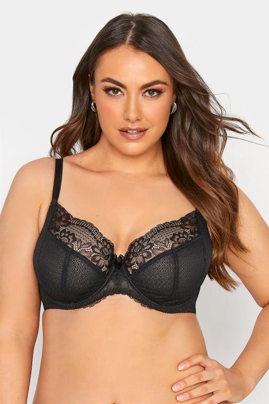 Plus Size  Black Lace & Mesh Underwired Bra - Available In Sizes 38DD - 48G