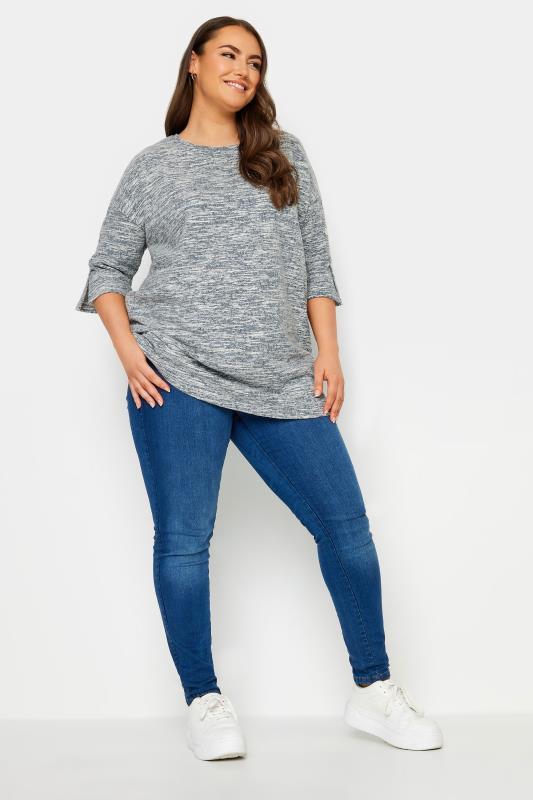 YOURS Plus Size Grey Marl Button Detail Soft Touch Top | Yours Clothing 2