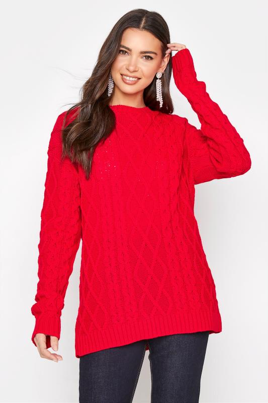 LTS Tall Bright Red Cable Knit Jumper 1