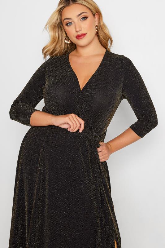 YOURS LONDON Curve Black & Gold Glitter Maxi Wrap Dress | Yours Clothing 4