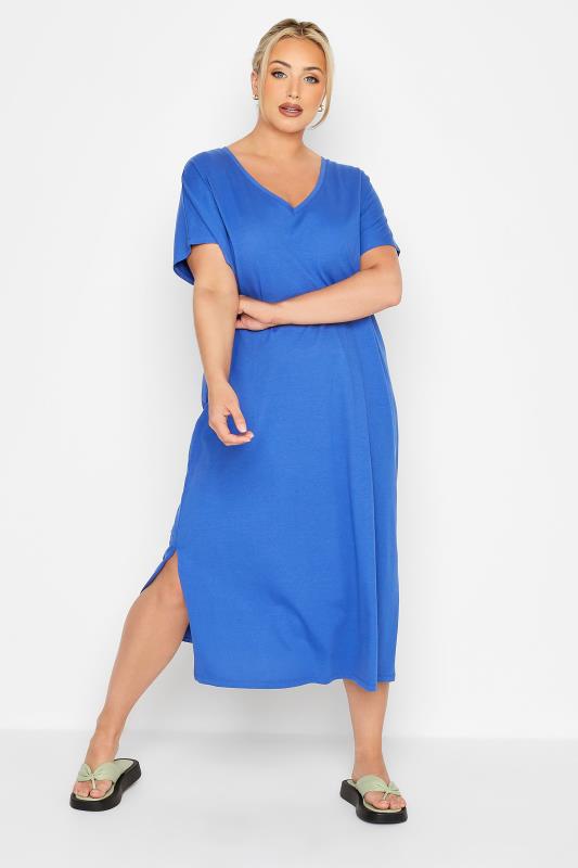 LIMITED COLLECTION Plus Size Blue Side Split Midaxi T-Shirt Dress | Yours Clothing 1