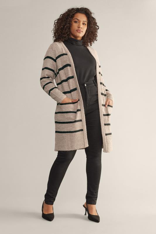 Plus Size  EVANS Curve Beige Brown Stripe Knitted Cardigan
