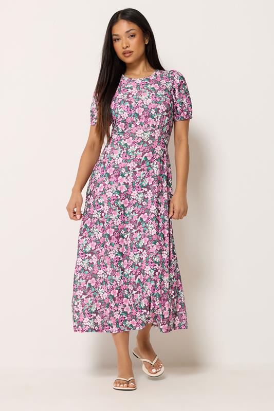 M&Co Petite Berry Purple Floral Short Sleeve Midi Dress | M&Co 1