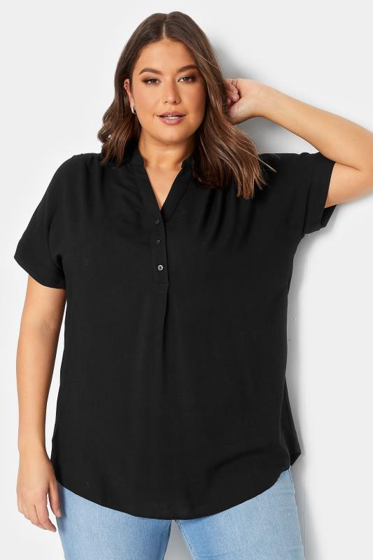 YOURS Plus Size Black Half Placket Blouse | Yours Clothing 1