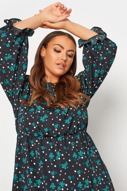 LIMITED COLLECTION Plus Size Black Floral Spot Tiered Smock Midaxi Dress | Yours Clothing 4
