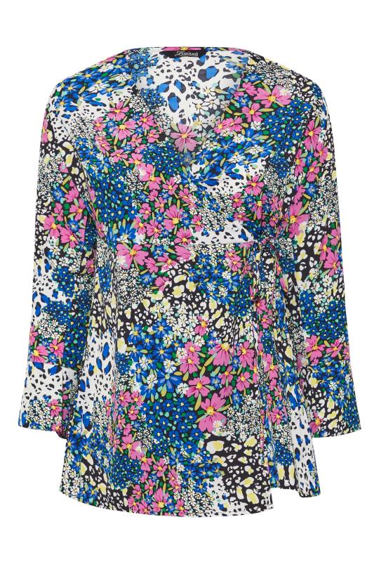 LIMITED COLLECTION Plus Size Black & Blue Mixed Floral Print Wrap Top | Yours Clothing 6