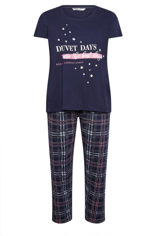 YOURS Plus Size Navy Blue 'Duvet Days' Slogan Check Print Pyjama Set | Yours Clothing 6