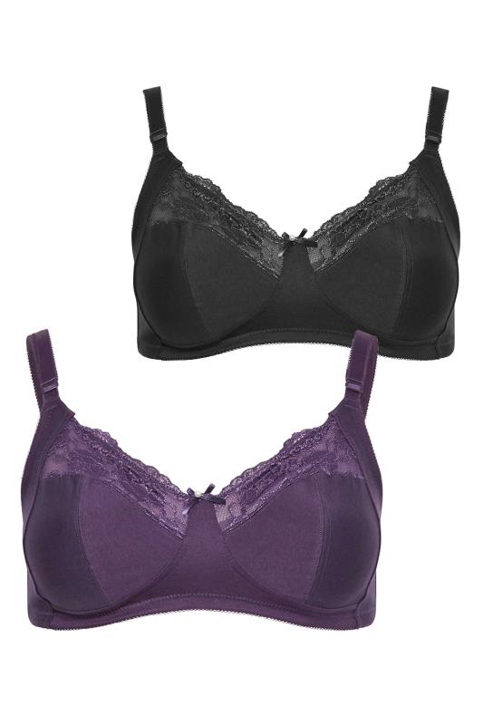 YOURS 2 PACK Black & Purple Cotton Lace Trim Non-Padded Bras | Yours Clothing 6