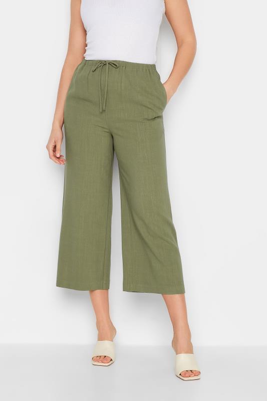 LTS Tall Women's Khaki Green Wide Leg Cropped Linen Trousers | Long Tall Sally  2