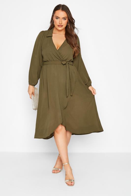 LIMITED COLLECTION Curve Khaki Green Wrap Dress 1