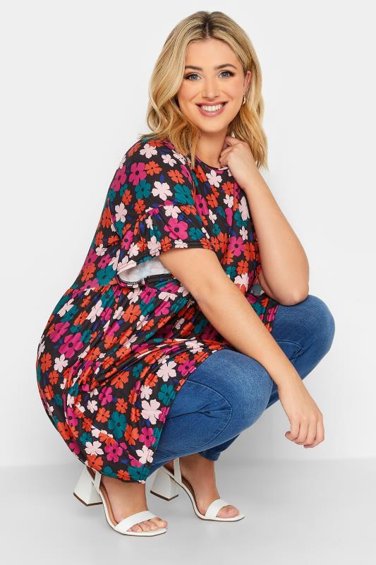 Curve Black & Pink Floral Short Sleeve Tunic Dress | Yours Clothing 1