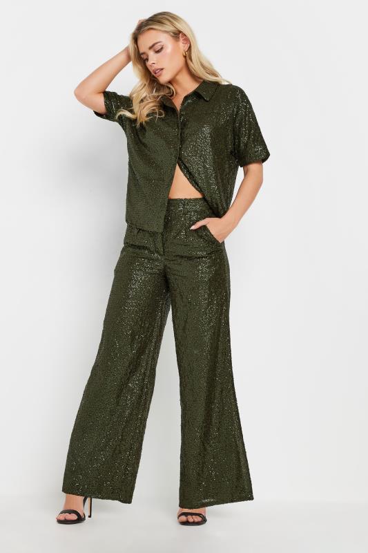 PixieGirl Petite Women's Khaki Green Sequin Embellished Short Sleeve Shirt | PixieGirl 2