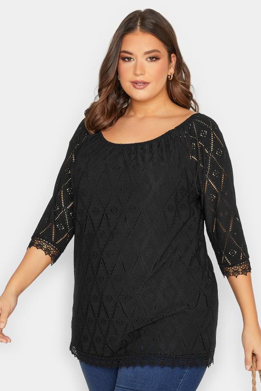 YOURS Plus Size Black Pointelle Lace Trim Top | Yours Clothing 1