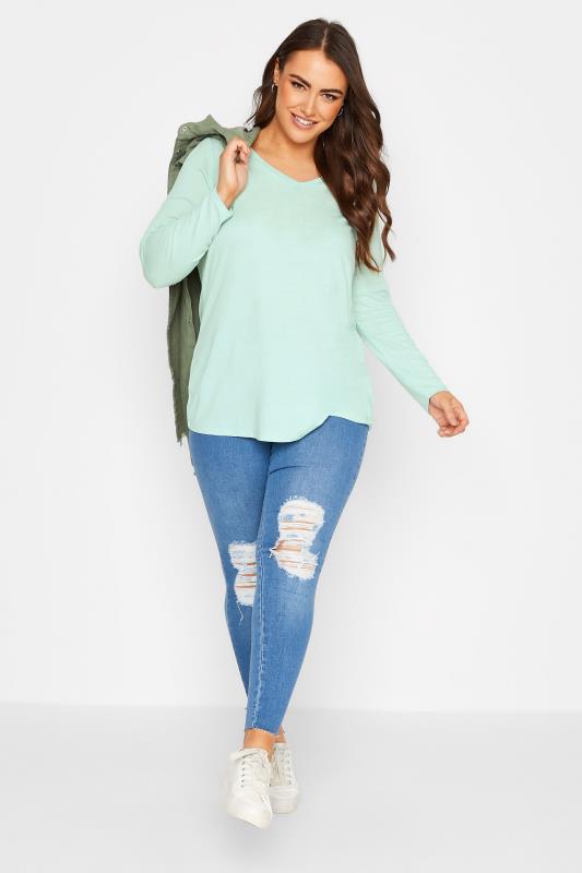 YOURS Plus Size Mint Green Long Sleeve V-Neck T-Shirt | Yours Clothing 2