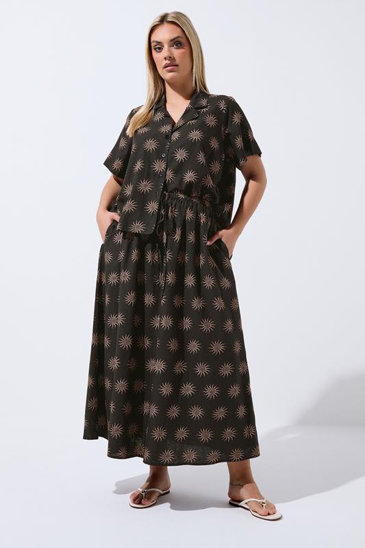  LIMITED COLLECTION Curve Dark Brown Sun Print Linen Maxi Skirt