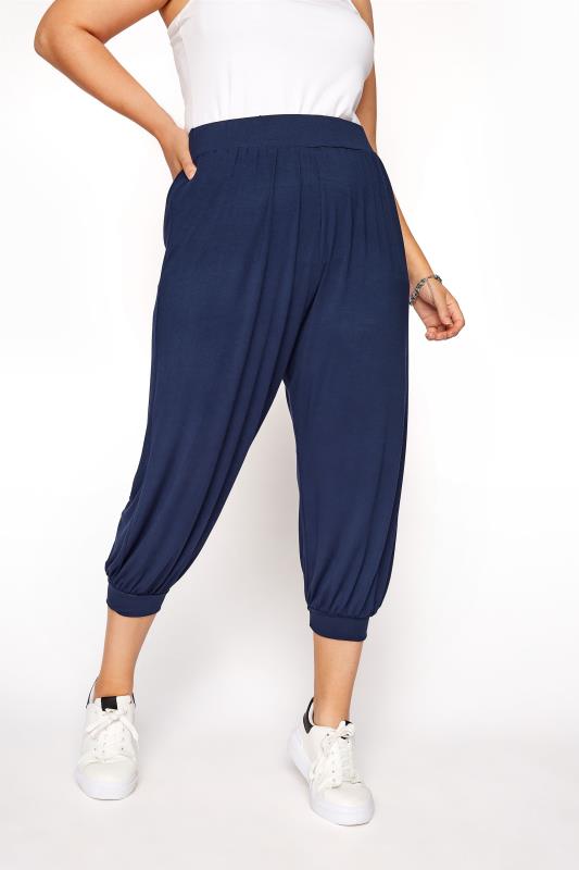 Plus Size Navy Cropped Jersey Joggers 