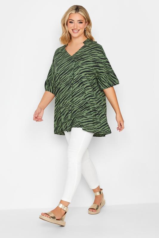 YOURS Plus Size Green Zebra Print Pleat Front Blouse | Yours Clothing 2