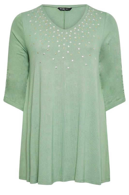 YOURS Plus Size Green Star Embellished Swing Top | Yours Clothing 5