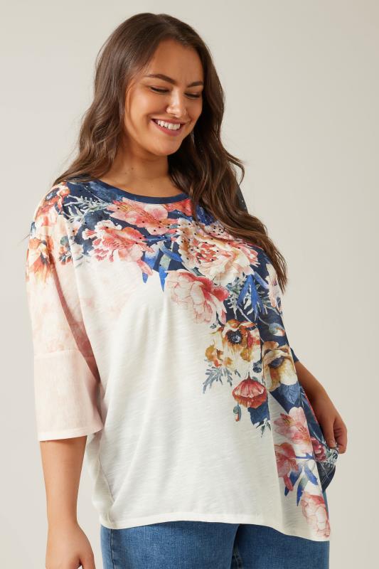 Plus Size  Evans Navy & White Floral Oversized Top